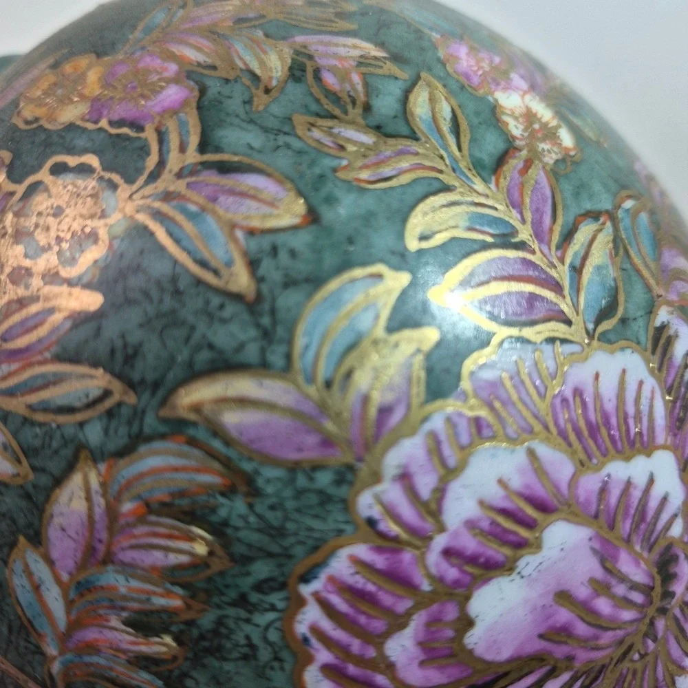 Vintage Chinese Porcelain Ginger Jar Vase Teal Gold Gilt Floral Peony Decorative